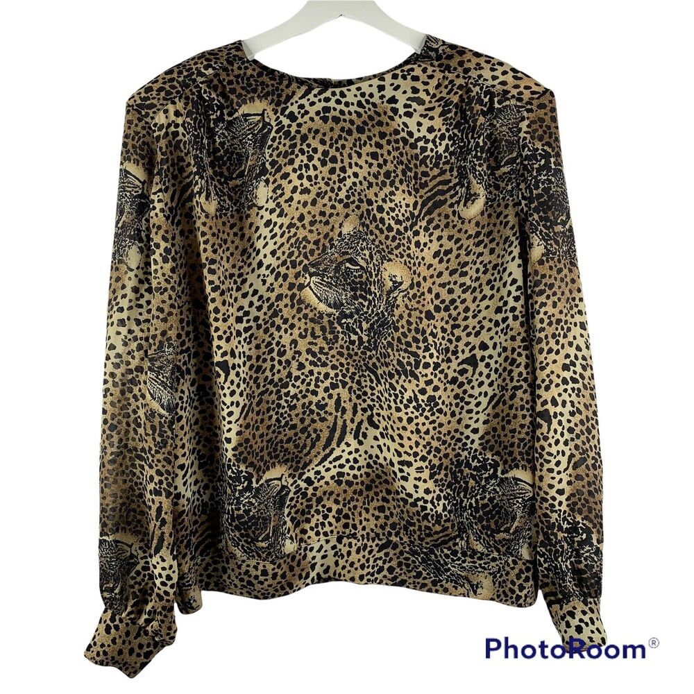 Vtg Size 14 Blouse Heritage Road Notations Leopard Cheetah Print Long Sleeve